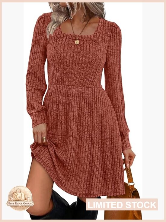 Dresses & Skirts - Square Neck Babydoll Sweater Dress Long Sleeve Flowy Casual Fall Fashion